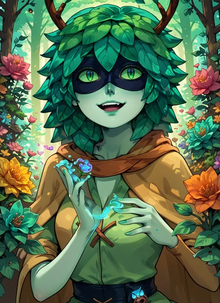 score_9, score_8_up, score_7_up, highly detailed, huntress wizard, happy, closeup, green skin, rating_questionable, source_anime, dark, iridescent glowing colorful flowers, luminescent stones, magic, BREAK best quality, masterpiece, e621, digital_art  <lora:Huntress_Wizard_pdxl:1.0>