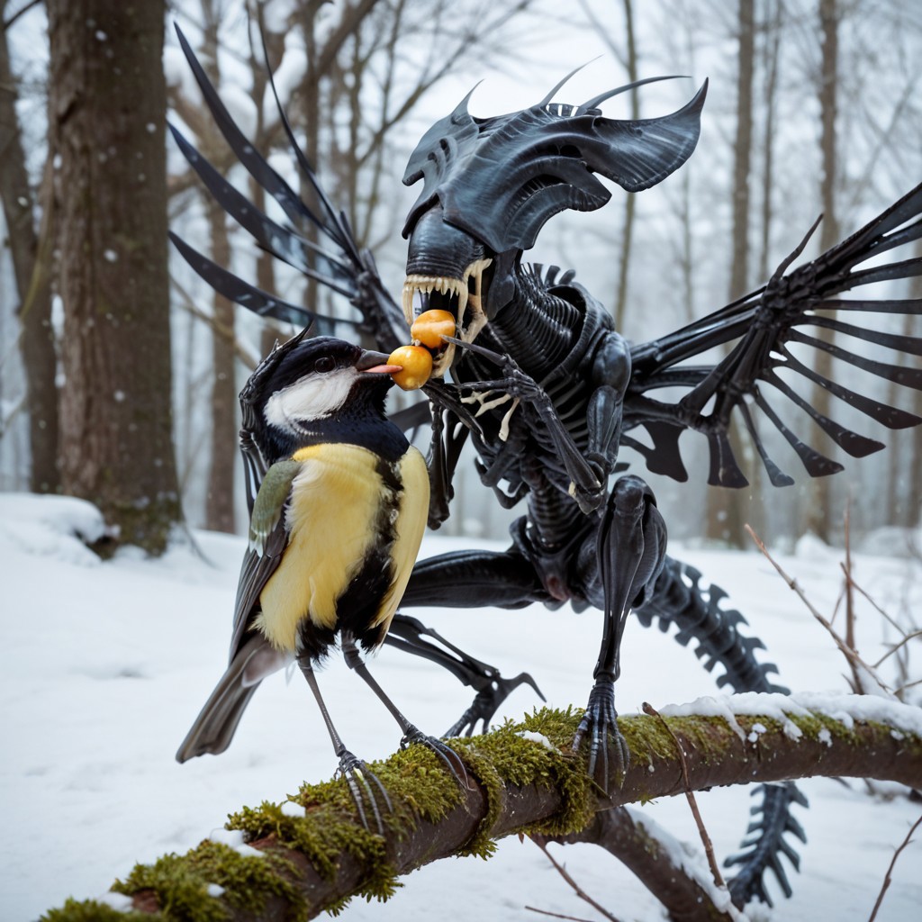 score_9, score_8, score_8_up, parusmajor, best quality, <lora:Great_Tits:1>, 2 birds, (pair of tits, food in beak, feeding), (cranberry:0.2), best quality, tree, perched, branch, winter, snow, teeth, sharp teeth, colored skin, black skin, no eyes, tail, monster, skeletal wings