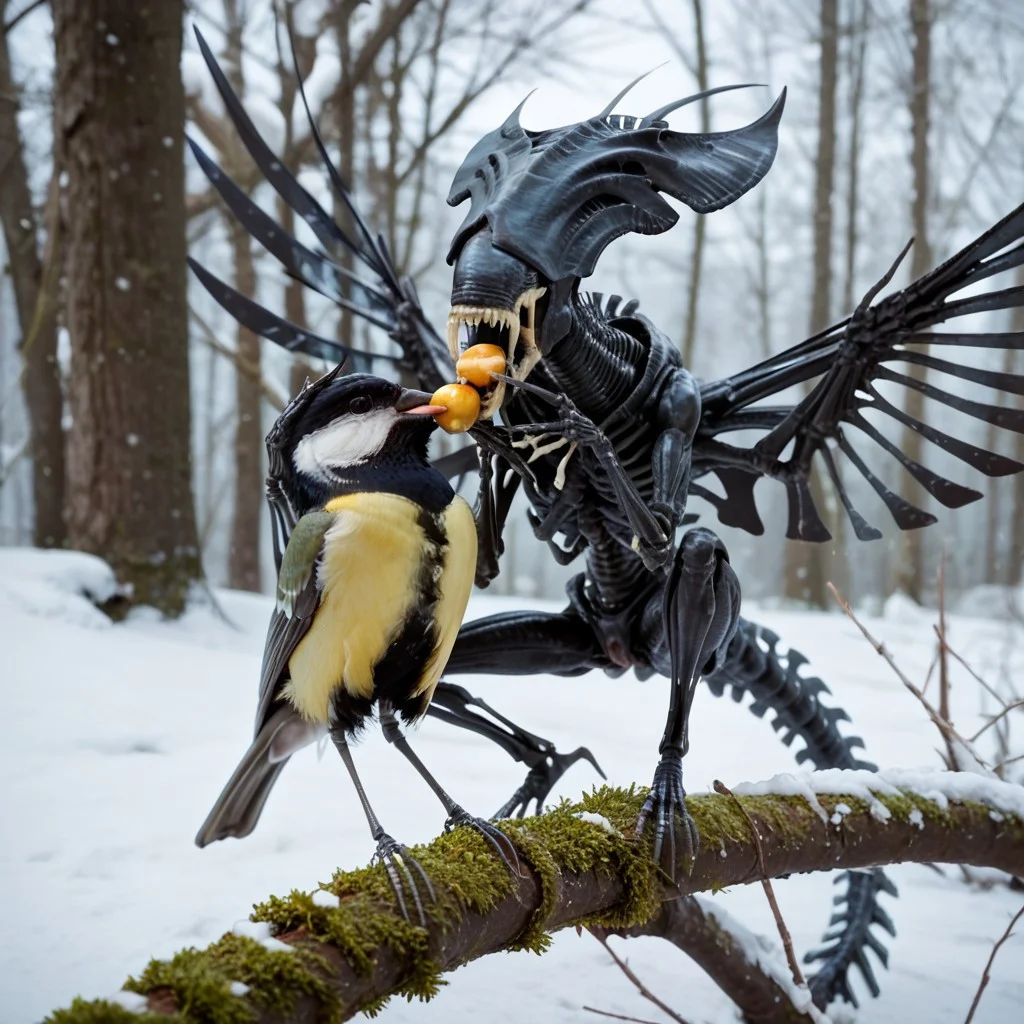 score_9, score_8, score_8_up, parusmajor, best quality, <lora:Great_Tits:1>, 2 birds, (pair of tits, food in beak, feeding), (cranberry:0.2), best quality, tree, perched, branch, winter, snow, teeth, sharp teeth, colored skin, black skin, no eyes, tail, monster, skeletal wings