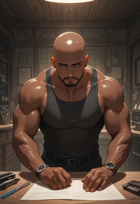 masterpiece, best quality, amazing quality, absurdres, newest, detailed background, definition so sharp, Ultra-HD, 8K cinematic, very awa, impressionate, amazing quality, highres,
1boy, mbti_estj, muscular man, mature man, bald, dark skin, facial hair, blue eyes, watch, solo, artisan workshop, warm light, wooden textures, tools, focused, concentrated, calm demeanor, natural materials, hands at work, craftsmanship, details, soft shadows, inviting atmosphere, high quality, aesthetic