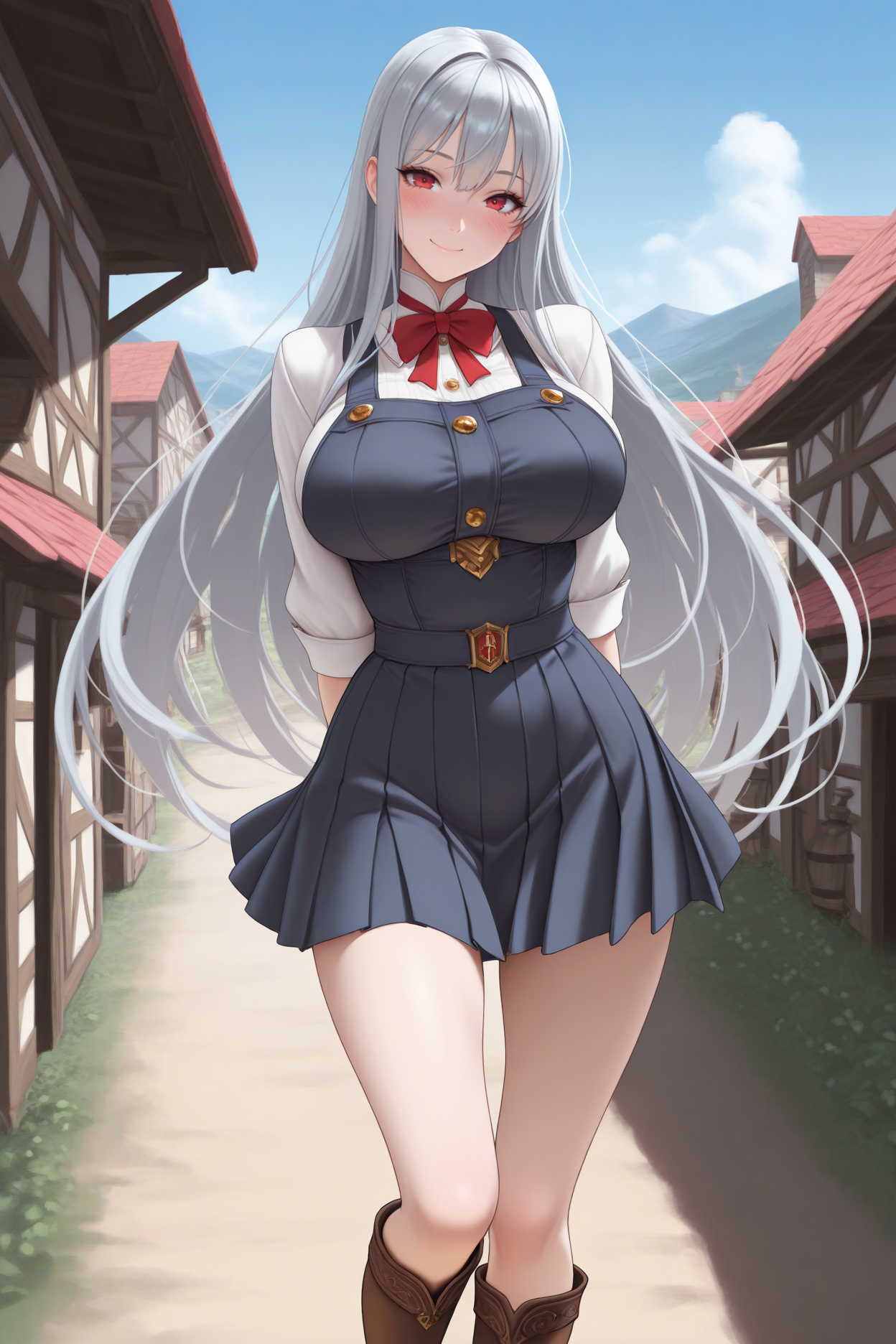 masterpiece, best quality, 1girl, solo, <lora:selvaria-illu-nvwls-v1-000006:1> slvra, silver hair, very long hair, red eyes, large breasts, pinafore dress, pleated skirt, red bowtie, brown boots, looking at viewer, village, blue sky, smile, blush, arms behind back