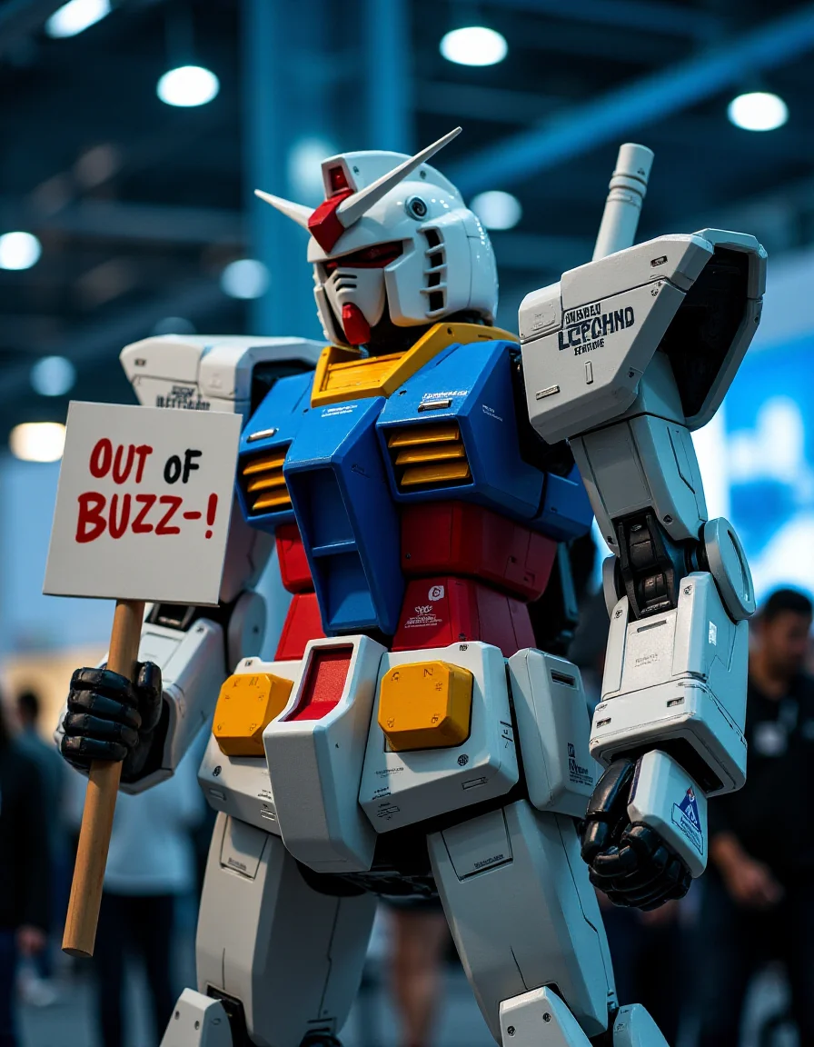<lora:Gundam_RX78_Flux:1> RX-78,Gundam, RX-78, Beneath the fluorescent lights of a tech convention, the Gundam suit is a beacon of innovation. Unfortunately, he is holding a sign saying "Out of Buzz :( !". This spectacle highlights the incredible potential of wearable technology in enhancing human performance
