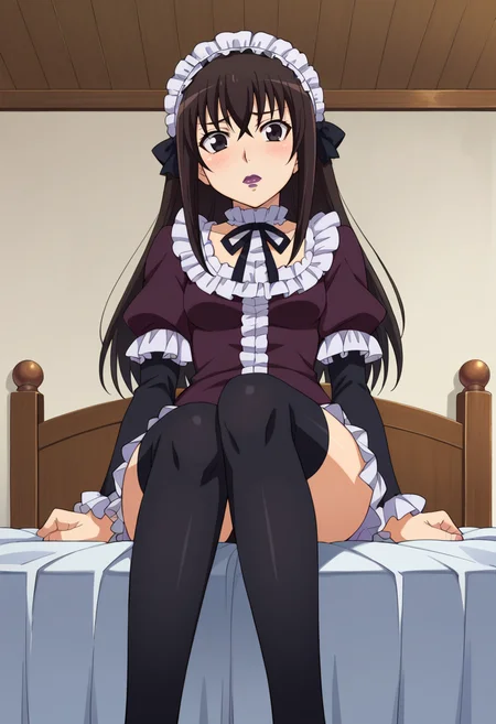 score_9,score_8_up,score_7_up,anime coloring BREAK source_anime,anime,<lora:Kei_Yuuki_Tales_of_Agriculture___çµåè_ããããã__PonyXL>,yuuki_kei,solo,1boy,otoko no ko,black eyes,long hair,blush,shy,purple lipstick,headdress,gothic,thighhighs,sitting,indoors,bed,looking_at_viewer,from_below,