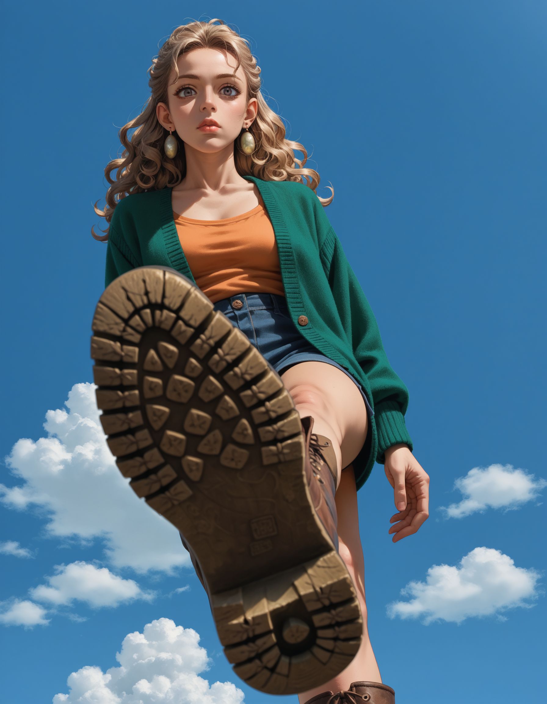score_9, score_8_up, score_7_up, score_6_up, score_5_up, score_4_up, 1girl, solo, Cardigan, chinos, Female Viking, Short, Fit, Square Face, Olive Skin, Light Brown Hair, peach Eyes, Long Nose, Thin Lips, Receding Chin, Long Hair, Curly Hair, Wedding Updo, perky breasts, Dangle earrings, mauve satin lipstick, home theater, contour light, hud_v4nspose, boots, shoe soles, from below, solo, sky, cloud, outdoors, <lora:vans:1> ,