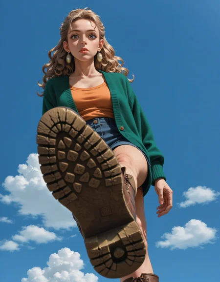 score_9, score_8_up, score_7_up, score_6_up, score_5_up, score_4_up, 1girl, solo, Cardigan, chinos, Female Viking, Short, Fit, Square Face, Olive Skin, Light Brown Hair, peach Eyes, Long Nose, Thin Lips, Receding Chin, Long Hair, Curly Hair, Wedding Updo, perky breasts, Dangle earrings, mauve satin lipstick, home theater, contour light, hud_v4nspose, boots, shoe soles, from below, solo, sky, cloud, outdoors, <lora:vans:1> ,