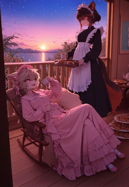 aakkuroyuki, masterpiece, best quality, very aesthetic, absurdres, highres, 2females, duo, monster girls, {{ferret girl:0.8}}, {{rose girl}}, {{rose petal hair}}, {{anthro hybrid}}, {{ferret ears:0.3}}, (snout), {{white fur}}, long fluffy tail, {{ferret girl}}, {{pink sclera}}, japanese-idol-outfit, rose dress, pink dress, natural, garden, manor, springtime, leaning back, relaxed, calm, kuudere, fang, kind eyes, facing viewer, legs crossed, {{holding tea mug}},, curled tail, pastries, snack tray, side table, 1female, {{traditional maid}}, headdress, black dress, long skirt, mary janes, {{pouring tea for master}} {{pink make up}}, multiple girls, 2girls, {{master and servant}}, {{flower garden}}, twilight, starry sky, porch, rocking chair, {{background abstract roses}}, 1600's fashion, soft pink glowneon, scenic view, cinematic lighting,close up, face focus, {{psychedelic realm:1.1}}, {{wonderland:0.6}}, soft colored pallete, meticulously detailed image