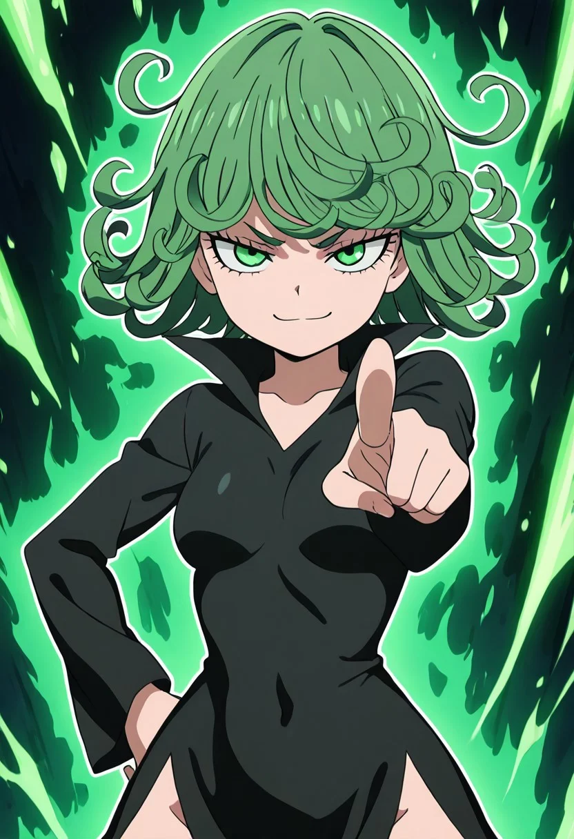 masterpiece, best quality, medium breasts, (curvy), anime screenshot, zzTatsumaki, green eyes, green hair, black dress, glowing, green glow, aura, energy, smile, smug, pointing at viewer, foreshortening, aura, abstract background, white outline, upper body,