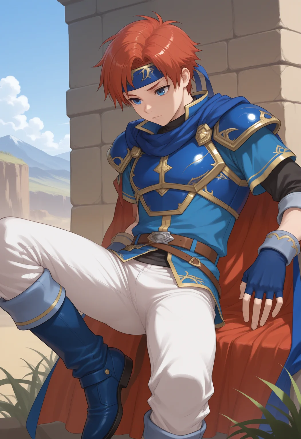 masterpiece,best quality, amazing quality,1boy, solo, r0y, red hair, black undershirt, blue boots, blue cape, blue chest plate, blue fingerless gloves, blue handband, blue scarf, blue tunic, brown belt, white pants, hurt position,
outside,