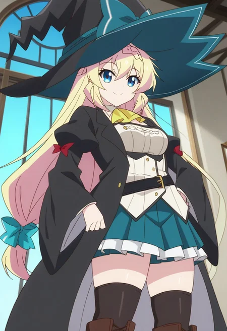 score_9, score_8_up, score_7_up, score_6_up, score_5_up, score_4_up, epic-Ultra-HD-details, epic-Ultra-HD-highlights, 2.5D-upscaled-resolution, source_anime, digital-quality, semi-realism, physically-realistic, lit, cutesie,
afrobullstyle,
BREAK source_anime, anime, best quality, masterpiece, rating_safe, uncensored, High quality, 8k, Ultra,
BREAK (4partment,indoors, window, scenery, cityscape),
BREAK 1girl, azusa, blonde_hair, blue_eyes, braid, very_long_hair, witch_hat, hat_bow, ascot, white_shirt, belt, puffy_sleeves, frills, pleated_skirt, brown_footwear, boots, black_jacket, bow、
BREAK ((cowboy shot)),(standing),(from below),(((from front))),
busty breasts,(((medium breasts:1.2))), (thick thighs,:1,2),
looking at viewer,smile,blush,