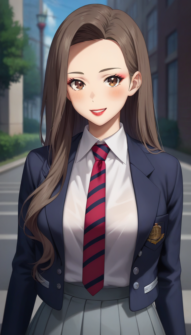score_9,score_8_up,score_7_up,score_6_up BREAK official art,solo,outdoors,upper body,(portrait:1.5),looking at viewer,facing viewer,smile,blush,Jugyeong Lim,long hair,brown hair,forehead,makeup,eyelashes,brown eyes,lips,lipstick,school uniform,blue jacket,blazer,open jacket,white shirt,collared shirt,red necktie,striped necktie,long sleeves,medium breasts,skindentation,shirt tucked in,miniskirt,grey skirt,pleated skirt,white socks,sneakers,white footwear,<lora:Jugyeong Lim(tb)-Pony:1.4>,