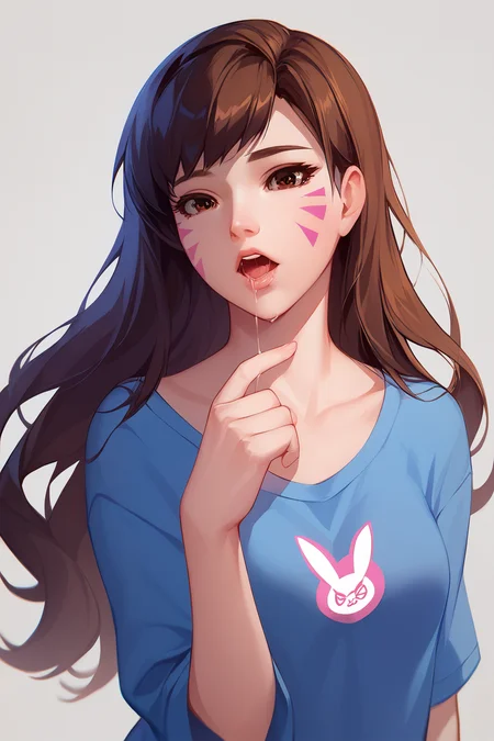 <lora:DVApony:1>,
score_9,score_8_up,score_7_up,score_6_up,score_5_up,score_4_up,
masterpiece,best quality,masterpiece,(best quality),
official art,extremely detailed cg 8k wallpaper,((crystalstexture skin)),(extremely delicate and beautiful),highly detailed,
HanaSong,1girl,solo,d.va,(overwatch),long hair,whisker markings,facial mark,brown eyes,looking at viewer,
beautiful detailed eyes,shirt,simple background,open mouth,parted lips,saliva,drooling,oral_invitation,
