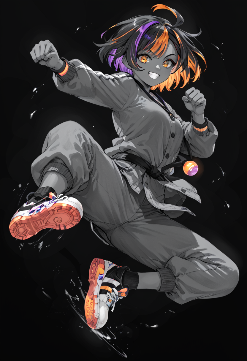 embedding:PonyScores7, 1 character, two-tone hair, purple hair, orange hair,   mediumblue eyes, khaki   kicking <lora:Poses\Various kicks - XL pony v1.0:0.5>,   Smiling, (black background), glow, neon,monochrome <lora:Style\Monochrome_Neon_Glow_Style:0.9>