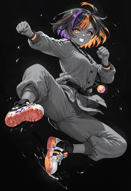 embedding:PonyScores7, 1 character, two-tone hair, purple hair, orange hair, mediumblue eyes, khaki kicking <lora:Poses\Various kicks - XL pony v1.0:0.5>, Smiling, (black background), glow, neon,monochrome <lora:Style\Monochrome_Neon_Glow_Style:0.9>