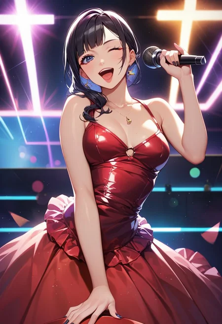 score_9, score_8_up, score_7_up, score_6_up,
1girl, solo girl, black hair
medium breast, hour glass figure, milf, milf body
idol dress, black idol dress,
on stage, holding microphone, looking at viewer, singing, wink, winking
cyberpunk lights, neon signs,