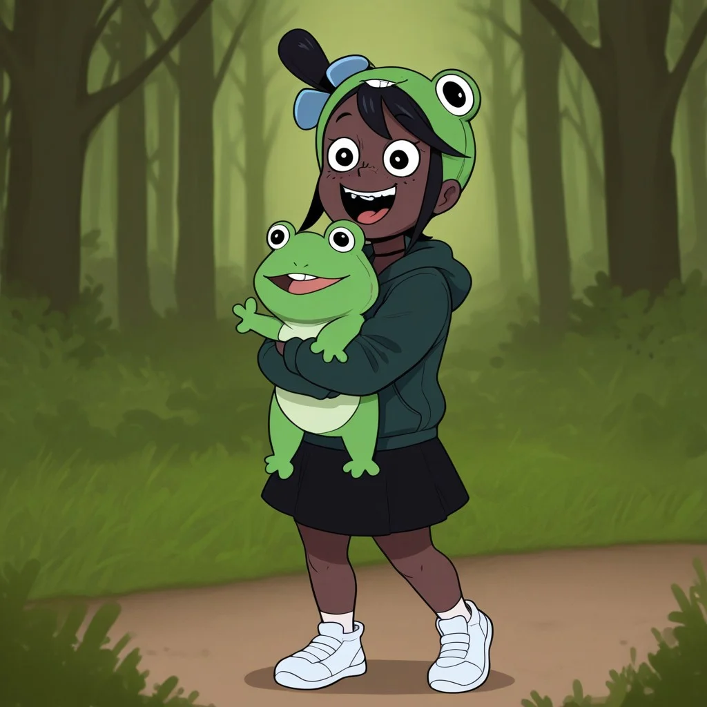 Skyla, 1girl, solo, Black hair, very dark Skin, Brown Skin, freckles, 
Skyla, child, toddler, short, braces, missing tooth. Green frog cap, dark green hoodie, black skirt, white shoes. Skyla hugging a stuffed frog. Forest in the background.