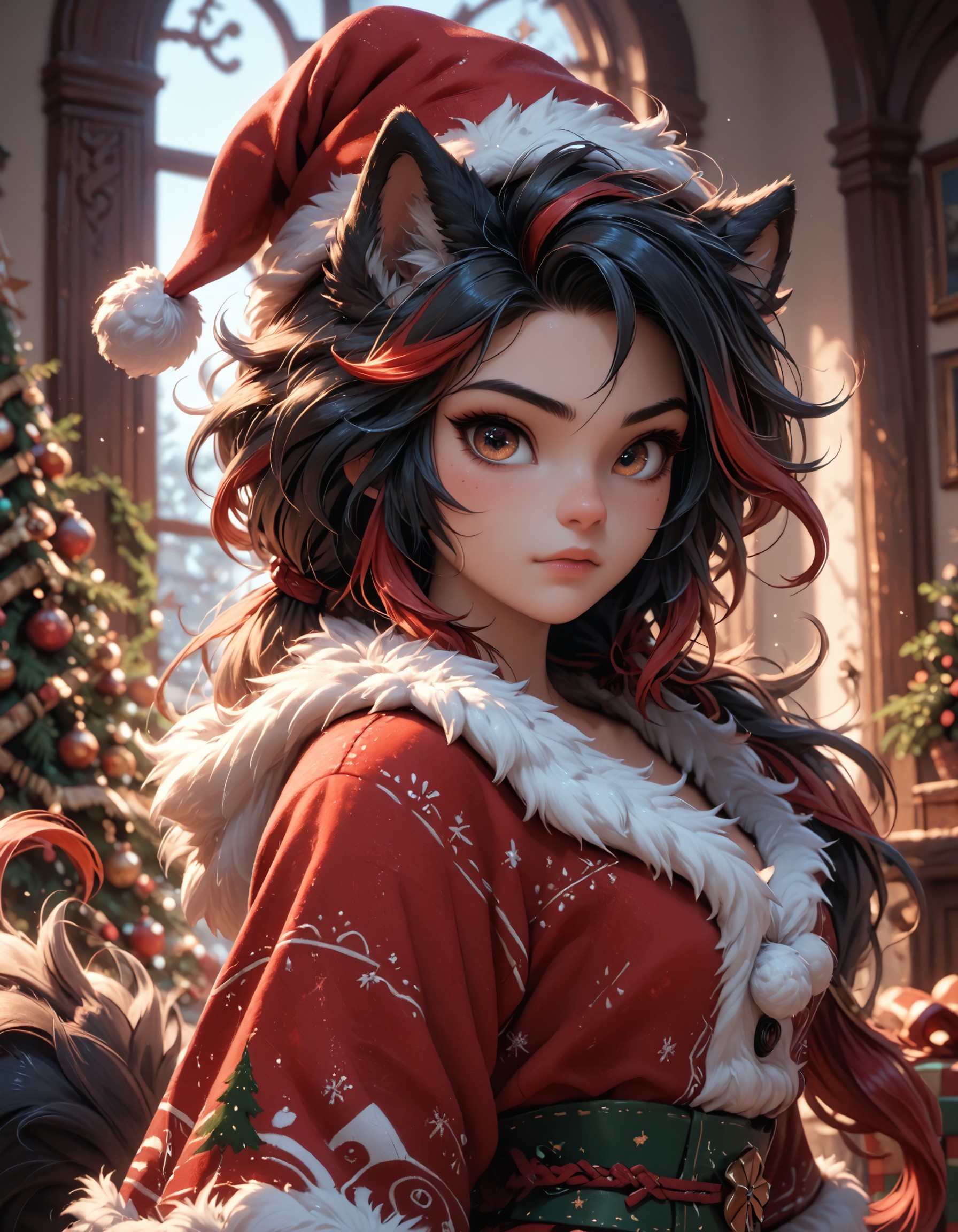 PonyScores6, nns3mi, realistic,BREAK monster girl, wolf girl, black fur, MegaFluffyPony, fluffy, big hair, two-tone hair, black hair, red hair, low ponytail, santa hat,
<lora:DetailSlider_pony_v1.4:1>
<lora:MidjourneyMimic_pony_v2:0.3>
<lora:MegaFluffyPonyV2:0.5>
[(personal ami:0.7), (tsukudani:0.7), (bb \(baalbuddy\) :0.6) :0.4]
<lora:Semi-realistic_epoch_10_PDXL:0.8>