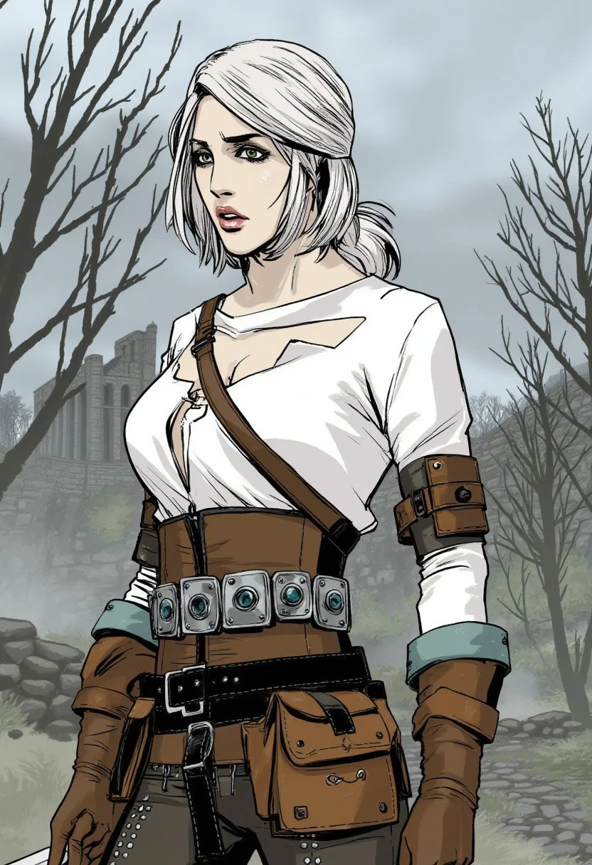 Comic book illustration by Fiona Staples featuring CiriW, She has pale skin, white hair, and a slender, athletic build with medium-sized breasts. She wears a white tunic, brown pants, and a leather belt with pouches, holding a sword. The background shows a ruined stone castle amidst a misty, overcast landscape with bare trees, creating a medieval fantasy setting.