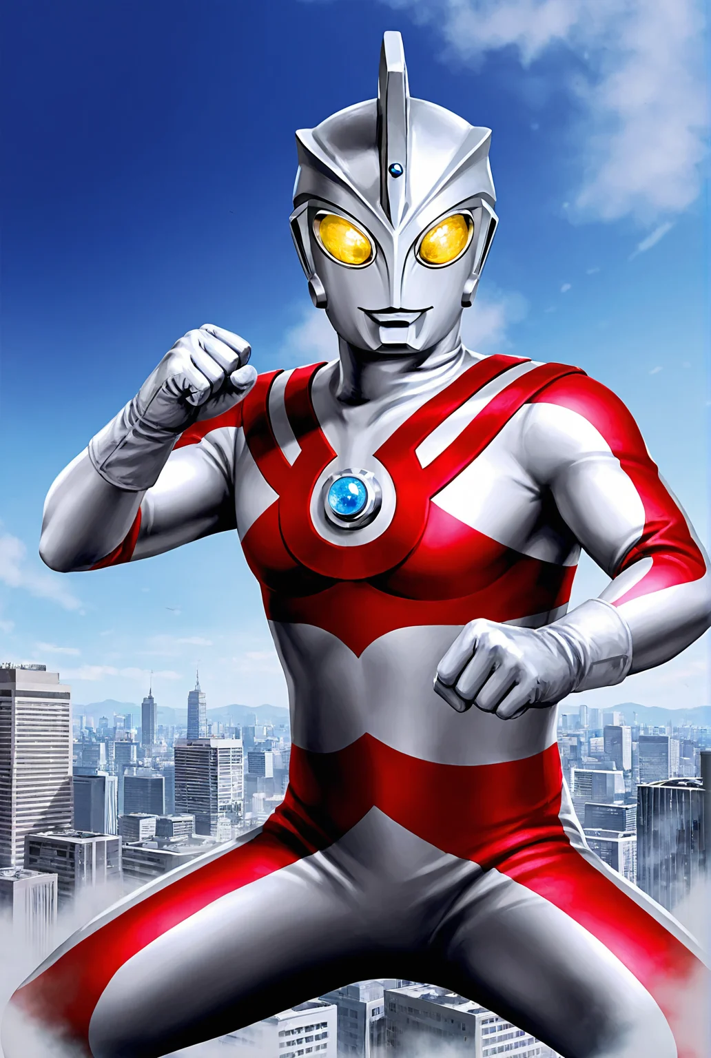 score_9,score_8_up,score_7_up,male focus,ultra-detailed,high resolution,digital painting,8k,1boy,solo,cowboy shot,male focus,detailed face,tokusatsu,alien,yellow eyes,bodysuit,no humans,gloves,fighting stance,giant,sky,cityscape,<lora:add-detail-xl:1>,<lora:Ultraman Ace:0.7>,ultraman ace,