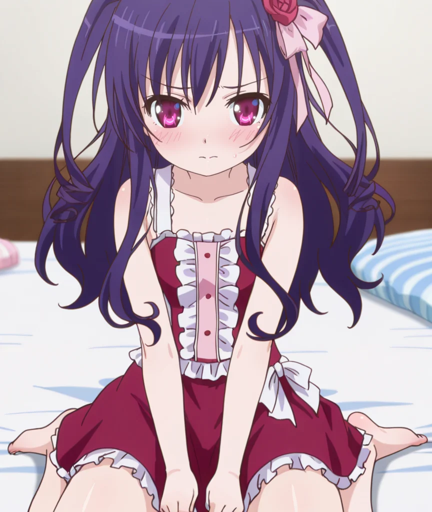 1girl,
BREAK solo,
BREAK closed mouth,looking_at_viewer,
BREAK cowboy_shot,
BREAK
on bed BREAK
BREAK
BREAK
BREAK
BREAK anime coloring,
BREAK shy,embarrassed,<lora:tenshi_no_3p!:1>,momijidani nozomi,wariza,