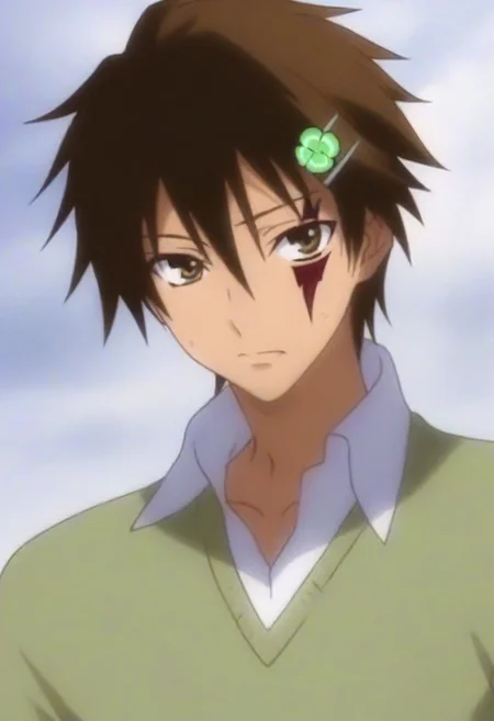 ((masterpiece)), ((best quality)), ((ultra-detailed)), ((absurdres)), score_9_up, score_8_up, score_7_up,
HD, top quality, best quality, amazing quality, High-quality illustrations, anime screencap, source_anime, best aesthetic, perfect proportions, perfect eyes, 1boy, 1male, solo boy, solo male, male focus, solo male focus, Anime, boy, male anime character, anime boy, handsome, cute, charming, sexy, good-looking, Utsutsu Hasegawa, brown hair, four-leaf clover hair clip, brown eyes, face mark, sweater, v-neck, white collared shirt, rolled sleeves, dark blue pants, ((slim body, lean body)), ((front view, front shot, facing front, view from the front)), ((cowboy shot, head to hips shot)), ((outside of school)), ((dark atmosphere, hazy scheme)), easynegative, updn, Expressiveh, masterpiece, best quality, very aesthetic, absurdres