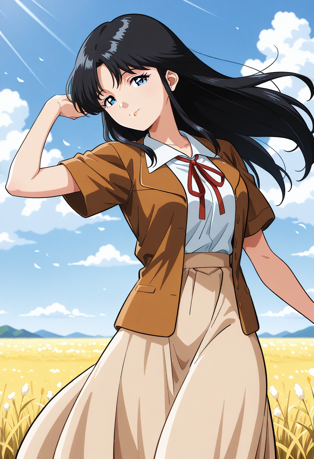 sr5_aya, retro artstyle, blue eyes, black hair, long hair, sidelocks, neck ribbon, brown jacket, short sleeves, beige skirt, long skirt, <lora:SR5_aya_illustrious_ver1:0.8> 
light smile,, masterpiece, best quality, general,, 1girl, solo, (field:1.2), (blue sky:1.2), looking at viewer,, (cowboy shot, dynamic pose:1.4),