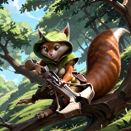 1 girl furry, Hoodwink. squirrel <lora:Hoodwink Illustrious:1>, crossbow, in a tree