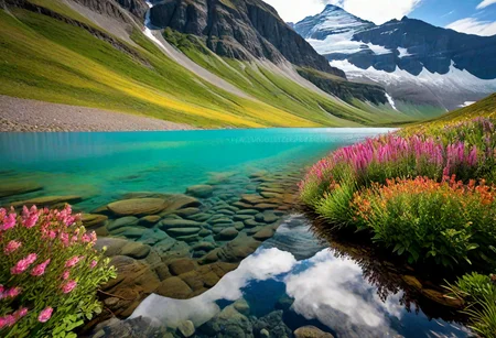 (no humans, Environmental Portraiture, Naturalistic outdoors, environment, reflecting lifestyle), (a mountain glaciar melting surrounded by colorful flowers and herbs, clear water, (stony bottom visible:1.06), (high resolution), (high definition), sandbank birches, mountain meadow,)rim lighting, soft bokeh perfect details, perfect shadows, (dappled sunlight:1.12), light rays, particle lighting, high details, (reflective body decorations), (pui:0.01) (trending:0.92) )(RAW:0.96),subsurface tering,(high resolution photograph:1.28),high definition,masterpiece, <lora:LCMTurboMix_Euler_A_fix.safetensors:0.96:0.3> p8,s1