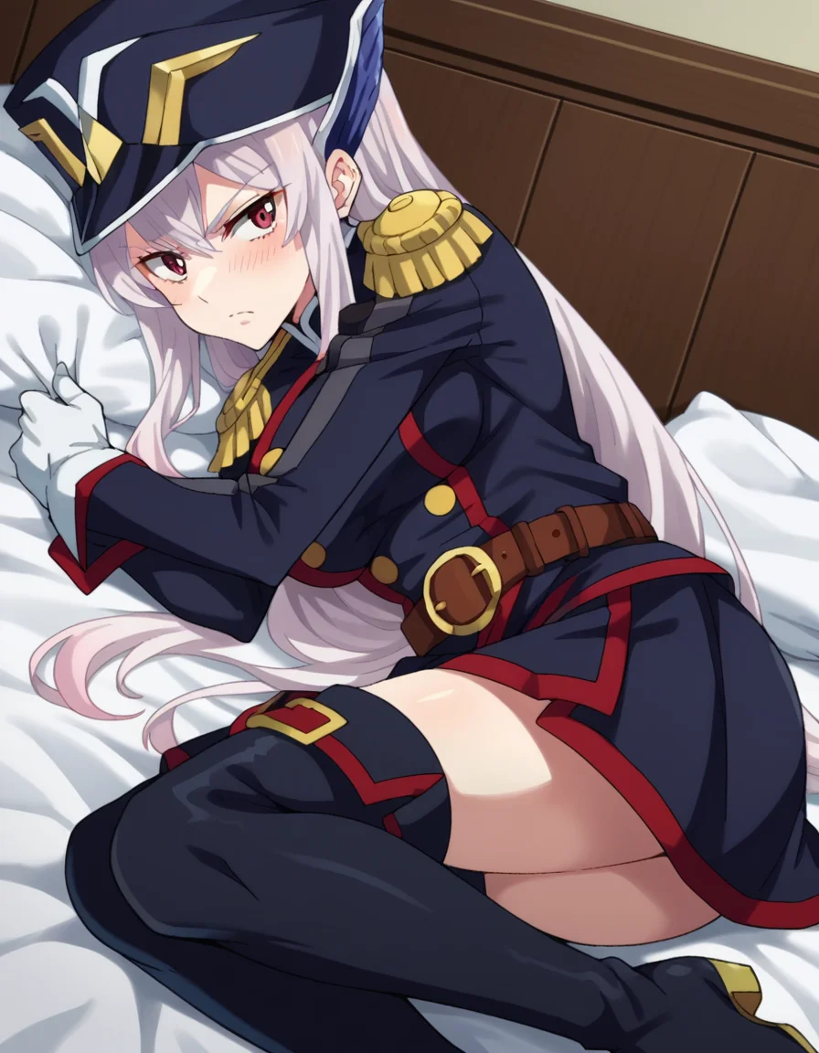 score_9, score_8_up, score_7_up, source_anime,
kyoukauzen, <lora:kyouka-uzen-s1-ponyxl-lora-nochekaiser:1>
kyouka uzen, long hair, red eyes, very long hair, white hair,
thighhighs, gloves, hat, boots, belt, sword, uniform, zettai ryouiki, military, military uniform, thigh boots, shako cap,
indoors, bed, bed room, on side, blush, drunk,
looking at viewer, cowboy shot, dutch angle, solo,