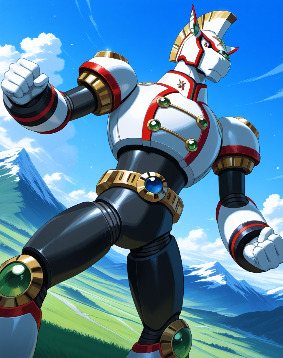 <lora:Spiral_Pegasus_(Mega_Man_X)_(Illustrious)_(AD):1.35> Spiral Pegasus, reploid, MMX, 
exterior, blue sky with clouds, mountain valley, grassy valley,
dutch angle, dynamic action, cowboy shot, 
male focus, intense shadows, dynamic shadows, intricate details, attention to details, gradient coloring, robot, bright vivid colors, deep metallic colors, glossy metal body, 
BREAK very awa, masterpiece, best quality, amazing quality, very aesthetic, highres, absurdres,
EZRealPONYXL, zPDXL, Smooth Quality, lazynsfw,
