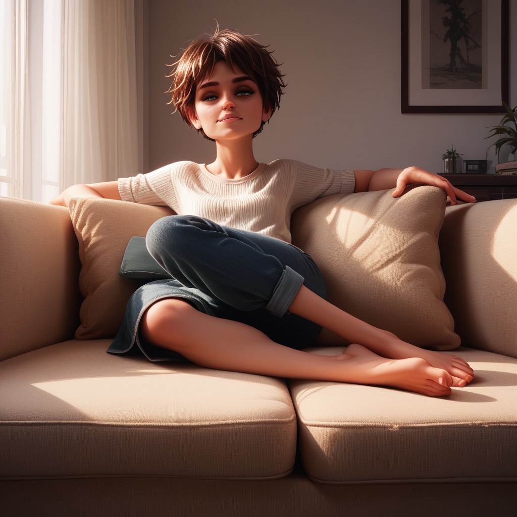 score_9, score_8_up, score_7_up, score_6_up, score_5_up, score_4_up, rating_questionable, 1girl, EvelynD, on a couch, barefoot,
