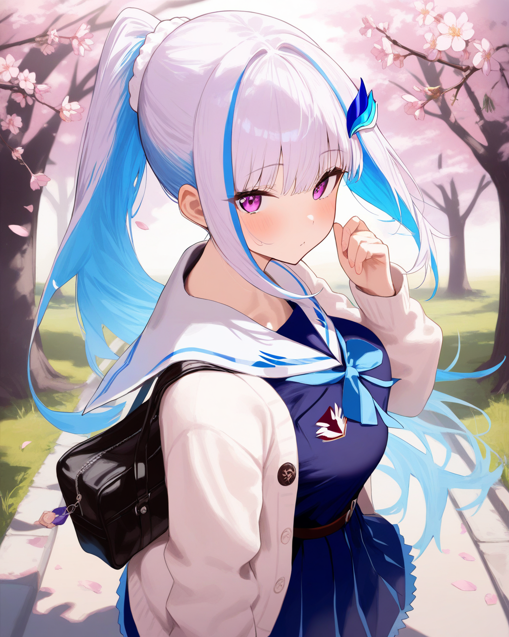 1girl,
LizeHelestaNijisanji,
LizeHelestaNijisanji4thCostume,
sensitive,
solo, perspective, upper body,
ponytail, hair ornament, hair scrunchie,
purple eyes,
walking, holding bag,
white cardigan, sailor collar, blue serafuku,
large breasts, school bag,
cherry blossoms, school,
depth of field,
<lora:kp_LizeHelestaNijisanjiAnimagineXL_v1_1:1.0>,
masterpiece, high score, great score, absurdres