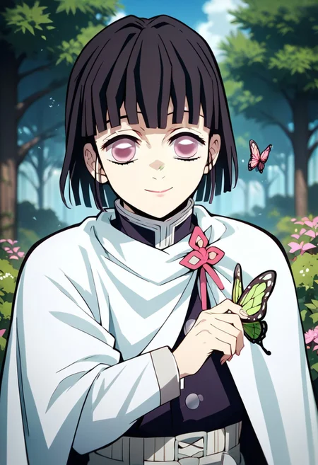 score_9,score_8_up,score_7_up,source_anime, tsuyuri kanao,1girl,solo,smile,closed mouth,upper body,outdoors,sky,pink eyes,cape,tree,bug,butterfly,white cape,demon slayer uniform,white cloak,butterfly on hand,
