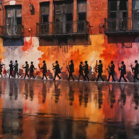 Black, Ultra High Definition, Photograph of a wall along a city street with a watercolor mural of foxes in a jazz band. reflective surfaces, subsurface scattering, cinematic color grading, outlines, bloom effect, soft lighting, CG particles effect, 4K resolution, <lora:neg4all_bdsqlsz_xl_V9:0.7> <lora:add-detail-xl:0.7>