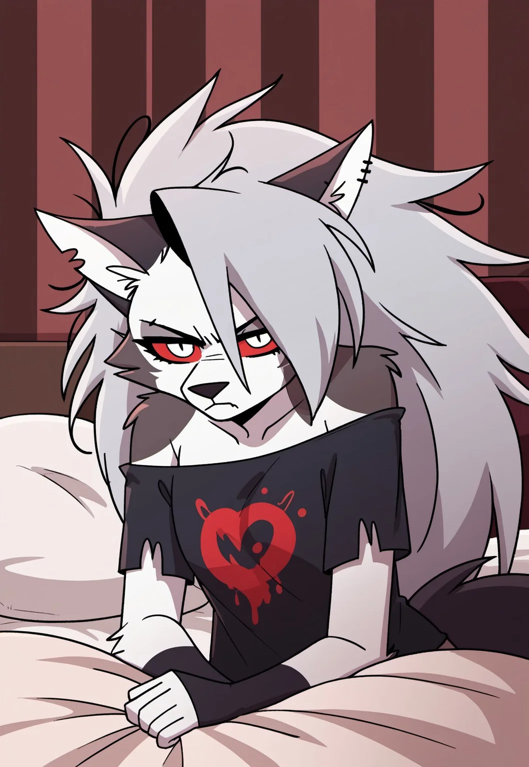 SCORE_9, SOURCE_ANIME, LOONA, FURRY, GREY HAIR, SILVER EYES, RED SCLERA, BED HAIR, MESSY HAIR, GRUMPY, OFF SHOULDER, T-SHIRT, BLACK SHIRT,