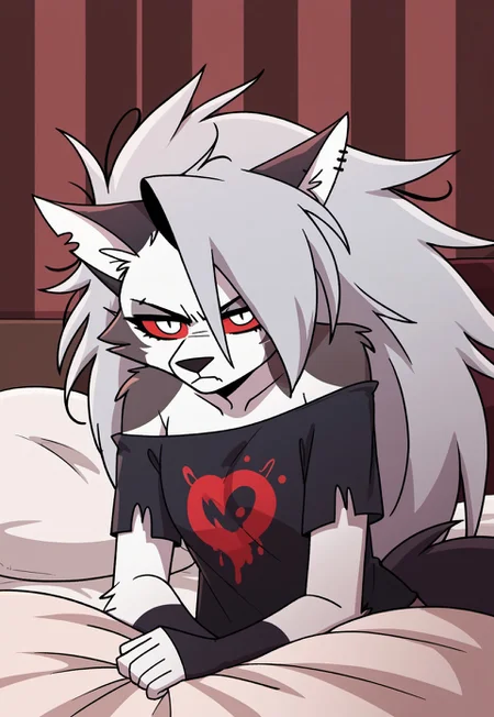 SCORE_9, SOURCE_ANIME, LOONA, FURRY, GREY HAIR, SILVER EYES, RED SCLERA, BED HAIR, MESSY HAIR, GRUMPY, OFF SHOULDER, T-SHIRT, BLACK SHIRT,
