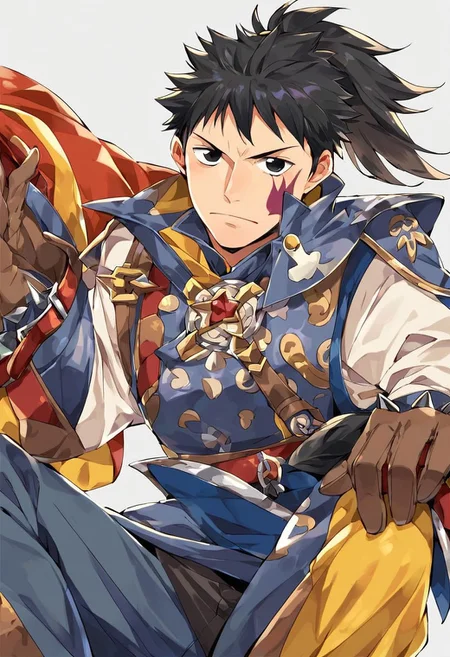 score_9, score_8_up, score_7_up, source_anime, highly detailed,  
deimne, solo, 1boy, male focus,
<lora:Van-freiheit-s2-ponyxl-lora-nochekaiser:1>, Van freiheit, male focus, spiked hair, black hair, Ponytail, Spike ponytail, closed mouth, black eyes, facial mark, mark on right cheek , gloves, looking at viewer, brown gloves, pants, cloth armor, grey shirt with brown trim and two olive colored straps the one-piece. The shirt has two yellow strips on the left side of chest, and a red belt, gloves/wrist guards, which are brown in the center with a grey trim, gloves do expose the fingers, with one piece covering half the ring finger, black boots, with what appears to be a wide metal trim.