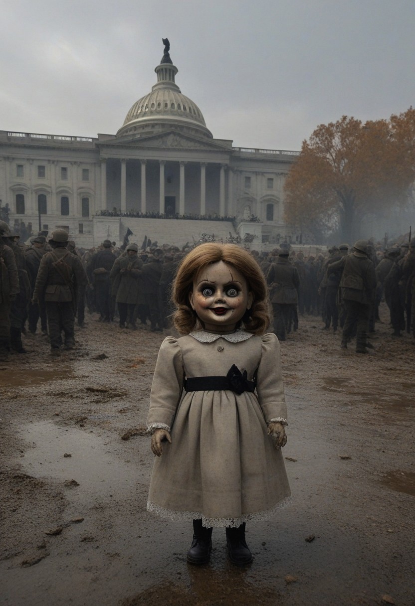 ((Annabelle is accepting her inauguration as president of the USA), (seen at the western front of the U.S. Capitol), 
[ 8k, uhd, glossy full-length photograph, horror scene , Movie Still, realisticvision-negative-embedding, in focus ]