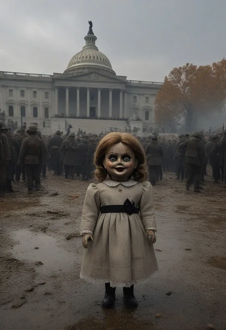 ((Annabelle is accepting her inauguration as president of the USA), (seen at the western front of the U.S. Capitol), 
[ 8k, uhd, glossy full-length photograph, horror scene , Movie Still, realisticvision-negative-embedding, in focus ]