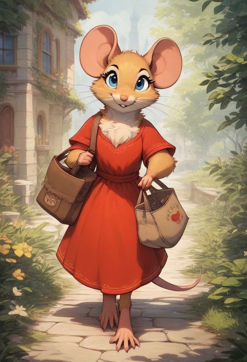 score_9, score_8_up, score_8, solo, fluffy, (feral), outdoors, toes, furry, (((mouse))), female, blue eyes, yellow fur, chest, claws, (fluffy cheeks:0.7), (red dress), in the style of beatrix potter, walking, (carrying bag), (solo:2), village
