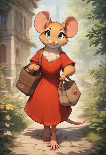 score_9, score_8_up, score_8, solo, fluffy, (feral), outdoors, toes, furry, (((mouse))), female, blue eyes, yellow fur, chest, claws, (fluffy cheeks:0.7), (red dress), in the style of beatrix potter, walking, (carrying bag), (solo:2), village