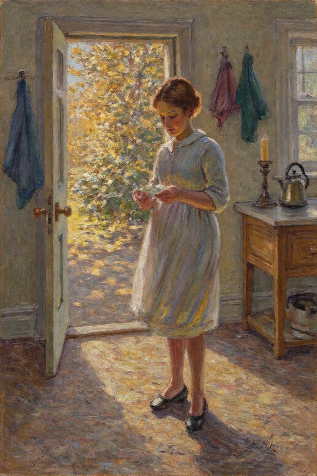dorotheasharp1 painting. 
helenmcnicoll2. On the right, a woman stands in a softly lit room, looking at something she holds in her hand. On the left, an open door reveals a garden bathed in warm, golden light. The garden is filled with a dense, glowing canopy of foliage. There are some clothes hanging behind the door. A counter stands behind the woman, with a kettle and a candle holder on it.  <lora:dorotheasharp1_f16:1.0><lora:867750227770128365:0>