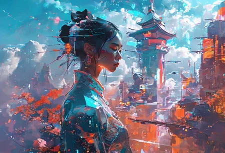 Art by THE scandinavian Style Palette(impressionism:1.7)-----in THE Style of Josef kote----
Cinematic composition perspective, Fractured, impressionistic
((masterpiece, best quality, extremely detailed, absurdres)),(cyberpunk illustration, dynamic lighting), flying above a futuristic sci-fi Chinese city lit by jade fires, 1girl, artistic use of contrasting colours and brightness, beautiful face, resplendently highlighted.
double exposure
(guarded by a Chinese dragon made of cloud:1.2), two broken moons can be seen in the sky, fullbody, dress, <lora:flat2:-1.8>, 8k, very fine detail, cinematic composition and lighting, gold leaf highlights
Resplendent spotlighting.