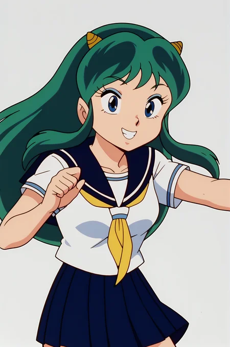 score_9, score_8_up, score_7_up, source anime, anime, animification, anime screencap, anime coloring, vivid colors, shiny skin, skindentation, deep skin, depth of field, high quality, highres, (dynamic angle,dynamic pose),
lumpierrot, 1girl, solo, long hair, smile, blue eyes, skirt, shirt, school uniform, white shirt, short sleeves, pleated skirt, green hair, horns, sky, serafuku, day, cloud, sailor collar, simple background, white background, blue skirt, neckerchief, makeup, eyeshadow, retro artstyle, yellow neckerchief, 1980s (style), lum
BREAK
masterpiece,high quality
<lora:Lum_Pierrot_StylePony:0.9>