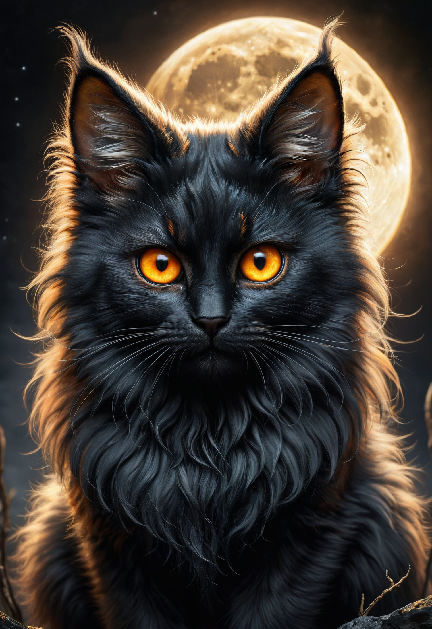 black fluffy gorgeous dangerous cat animal creature, large orange eyes, big fluffy ears, piercing gaze, full moon, dark ambiance, best quality, extremely detailed