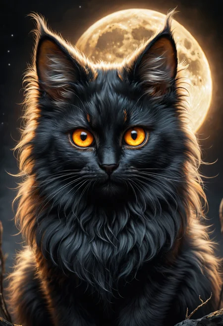 black fluffy gorgeous dangerous cat animal creature, large orange eyes, big fluffy ears, piercing gaze, full moon, dark ambiance, best quality, extremely detailed