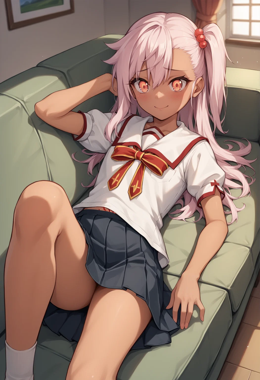 1girl, dark skin, pink hair, orange eyes, medium hair, side ponytail, stomach tattoo, neck ribbon, school uniform, short sleeves, skirt, shirt, couch, indoors, mansion, nervous smile, laying, on back, from, below <lora:Kuro_XL:1>, score_9, score_8_up, score_7_up, score_6_up, score_5_up, score_4_up, BREAK source_anime, masterpiece