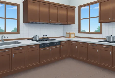 best quality, masterpiece, amazing quality, very aesthetic, absurdres,
indoors, no humans, kitchen, cabinets, window, countertop