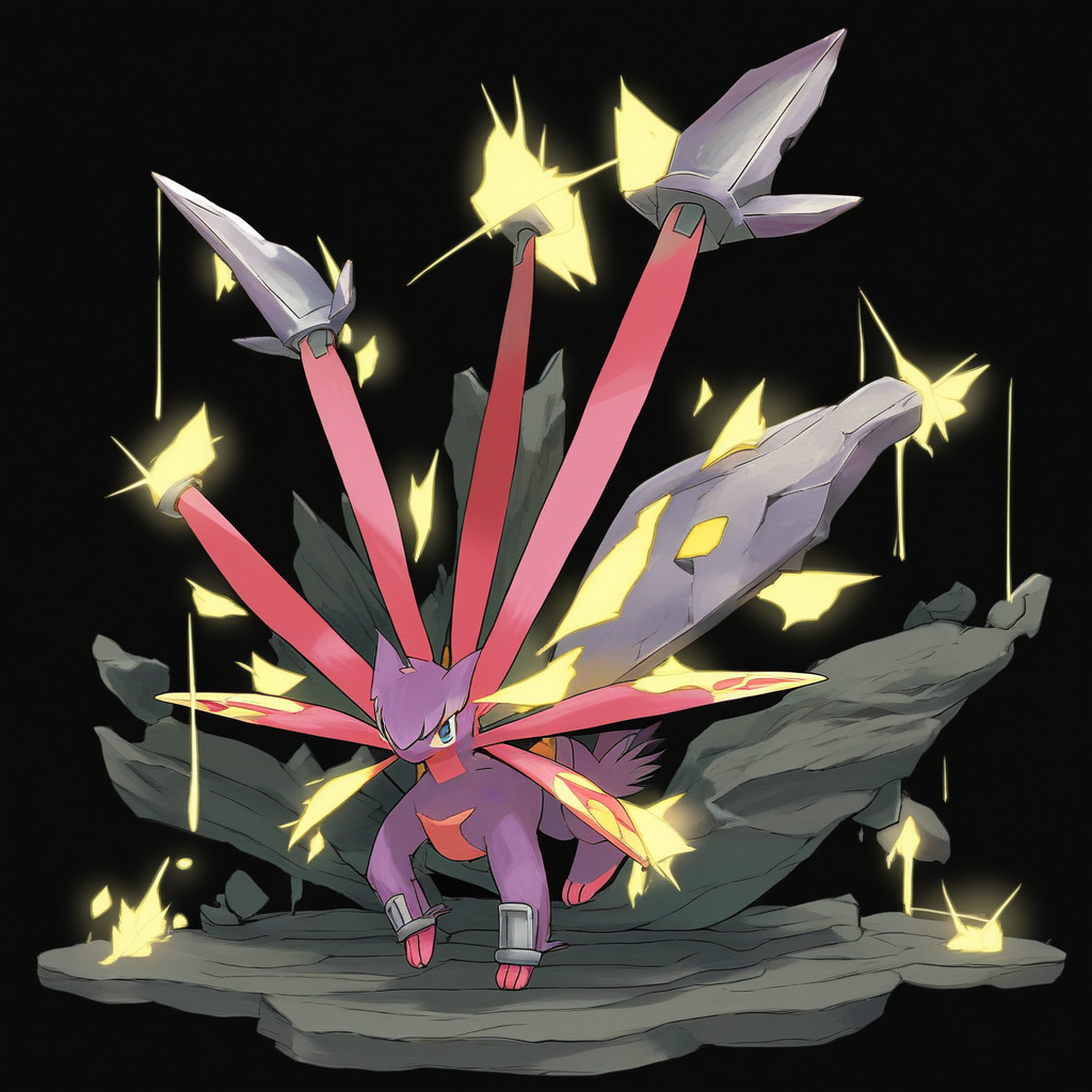 <lora:pokemon_pony_xl:0.5>, Type: Rock, Type: Rock Egg Group: Flying The creature's sigh releases a Copper mist that can cause plants around it to bloom out of season,The animal's snore sounds like a gentle Purple melody, often lulling nearby creatures to sleep.,Its tail is bifurcated, with each end featuring a Silver tuft that is used in sensory perception and communication,Its heartbeat sends ripples through the ground a Magenta throb that can be felt by those nearby,The animal's footfalls cause the ground to emit a Gold glow marking its passage through the Steel realm,Its tail feathers are elongated and Magenta, capable of creating mesmerizing patterns in the air to communicate,Its hind limbs contain pockets of Dark Fairy gas, enabling brief bouts of flight,The creature has a set of gills, hinting at an evolutionary aquatic past,Its fur patterns shift and change forming Red symbols that are said to predict Steel events,Its wings have a unique Gold membrane that can absorb sunlight and convert it into energy, score_9, score_8_up, score_7_up, score_6_up, score_5_up, score_4_up.  Simple black background, (Masterpiece:1.3) (best quality:1.2) (high quality:1.1)
