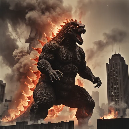 b&w vintage giant godzilla throwing flames and destroying a skyscraper, orange to red color key on flames <lora:SDXL/Vintage_Street_Photo:0.6>
