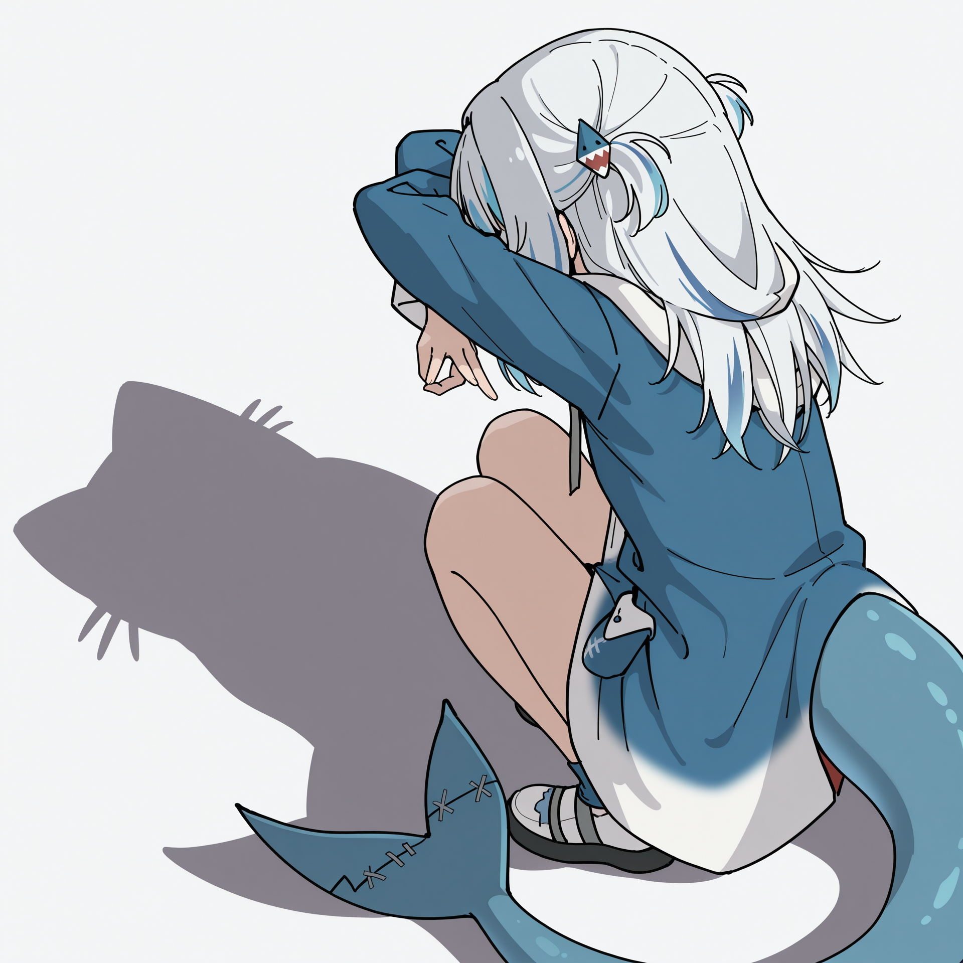 highres, absurdres, hi res, best quality, masterpiece, 2d, intricate details, 4k, anime coloring,
1girl, solo, gawr gura, hoodie, shark tail,
from behind, from side, shadow, animal, parody, squatting, cat, meme, cat shadow puppet \(meme\), cat shadow puppet (meme), crossed arms,
white background, <lora:Cat_Shadow_Puppet_(Concept)_ILXL:1>,